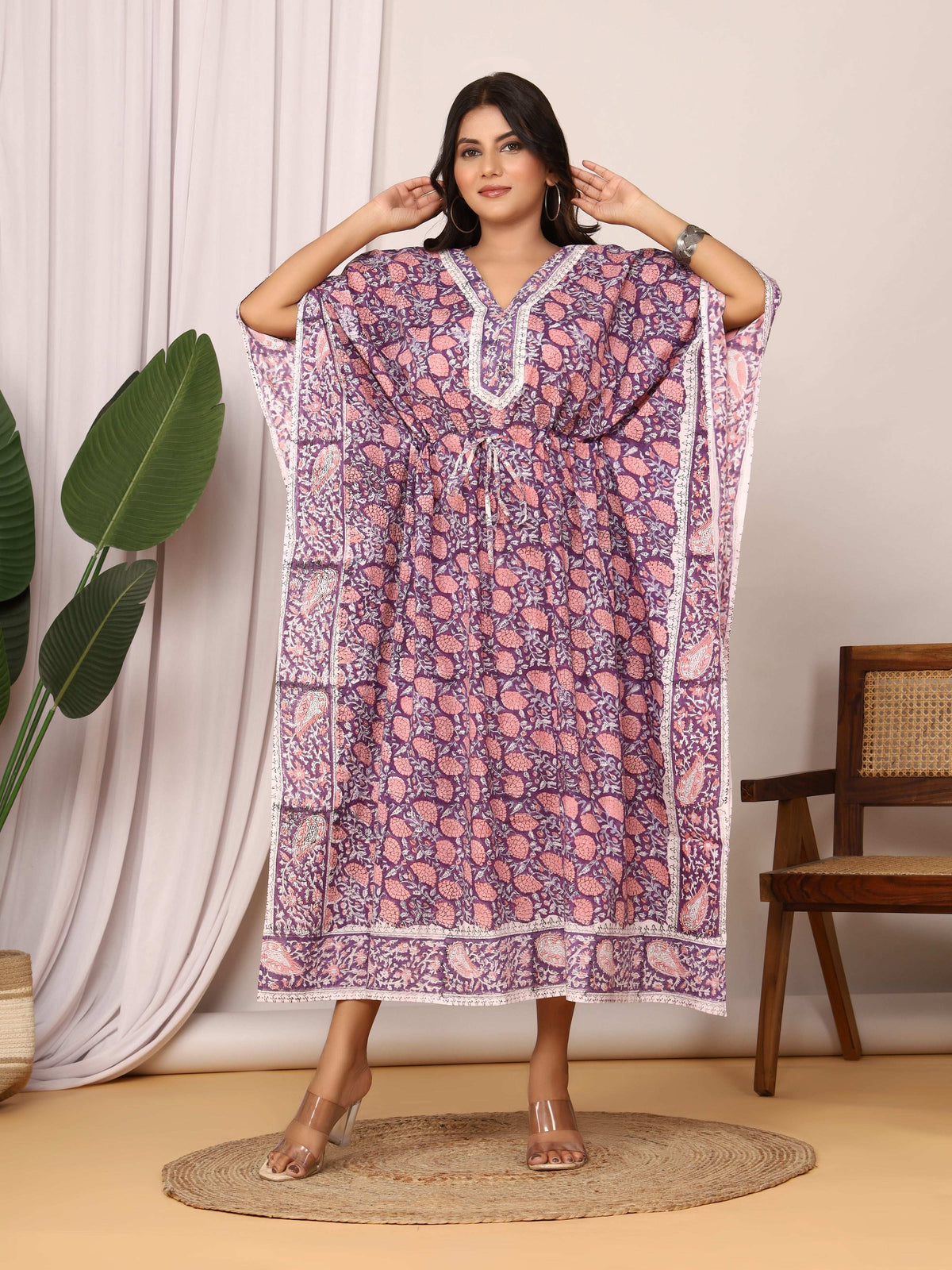 Sanganeri Print Purple & Pink Cotton Kaftan