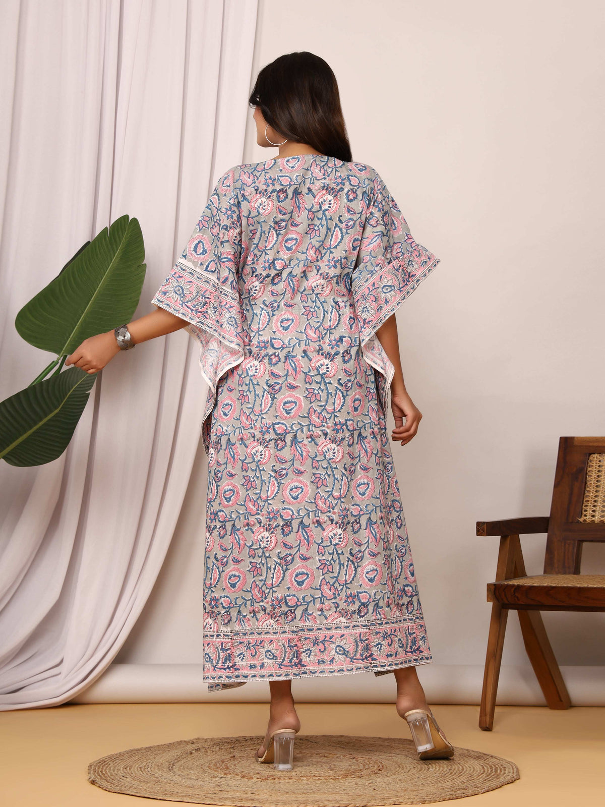 Sanganeri Print Grey & Pink Cotton Kaftan