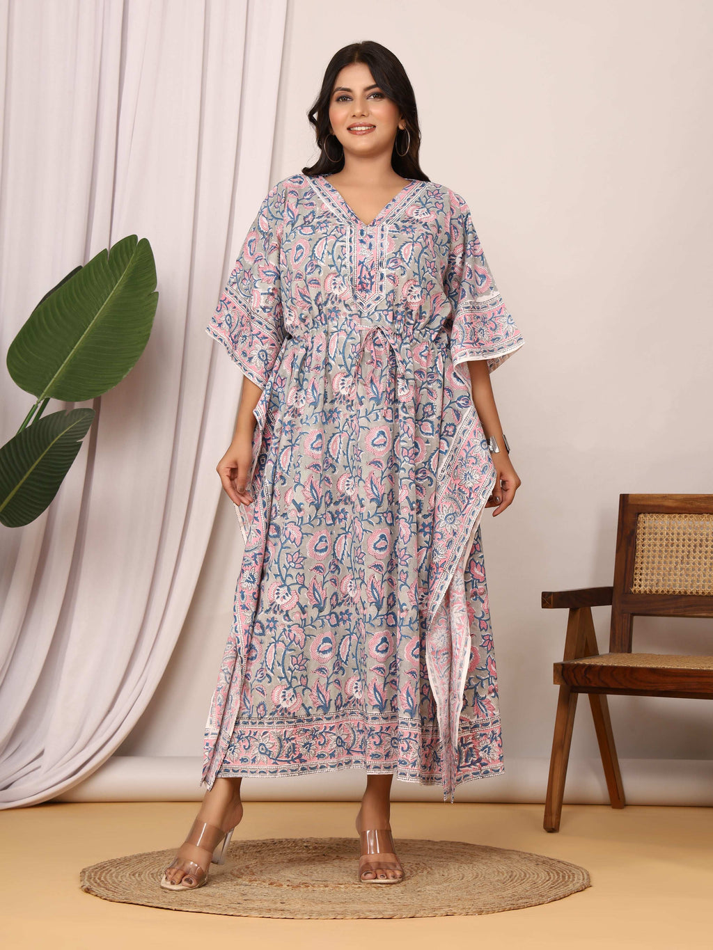 Sanganeri Print Grey & Pink Cotton Kaftan