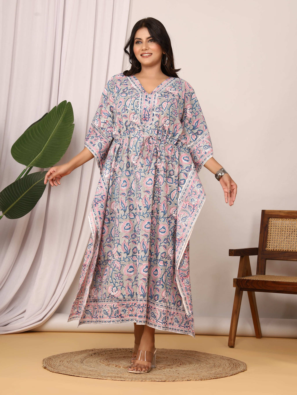 Sanganeri Print Grey & Pink Cotton Kaftan