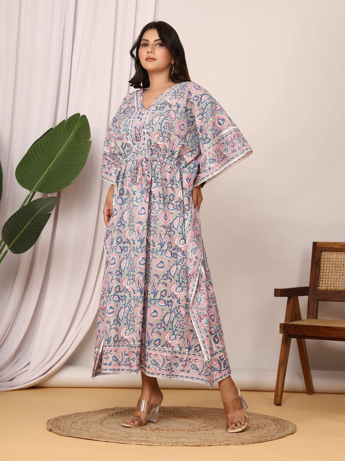 Sanganeri Print Grey & Pink Cotton Kaftan