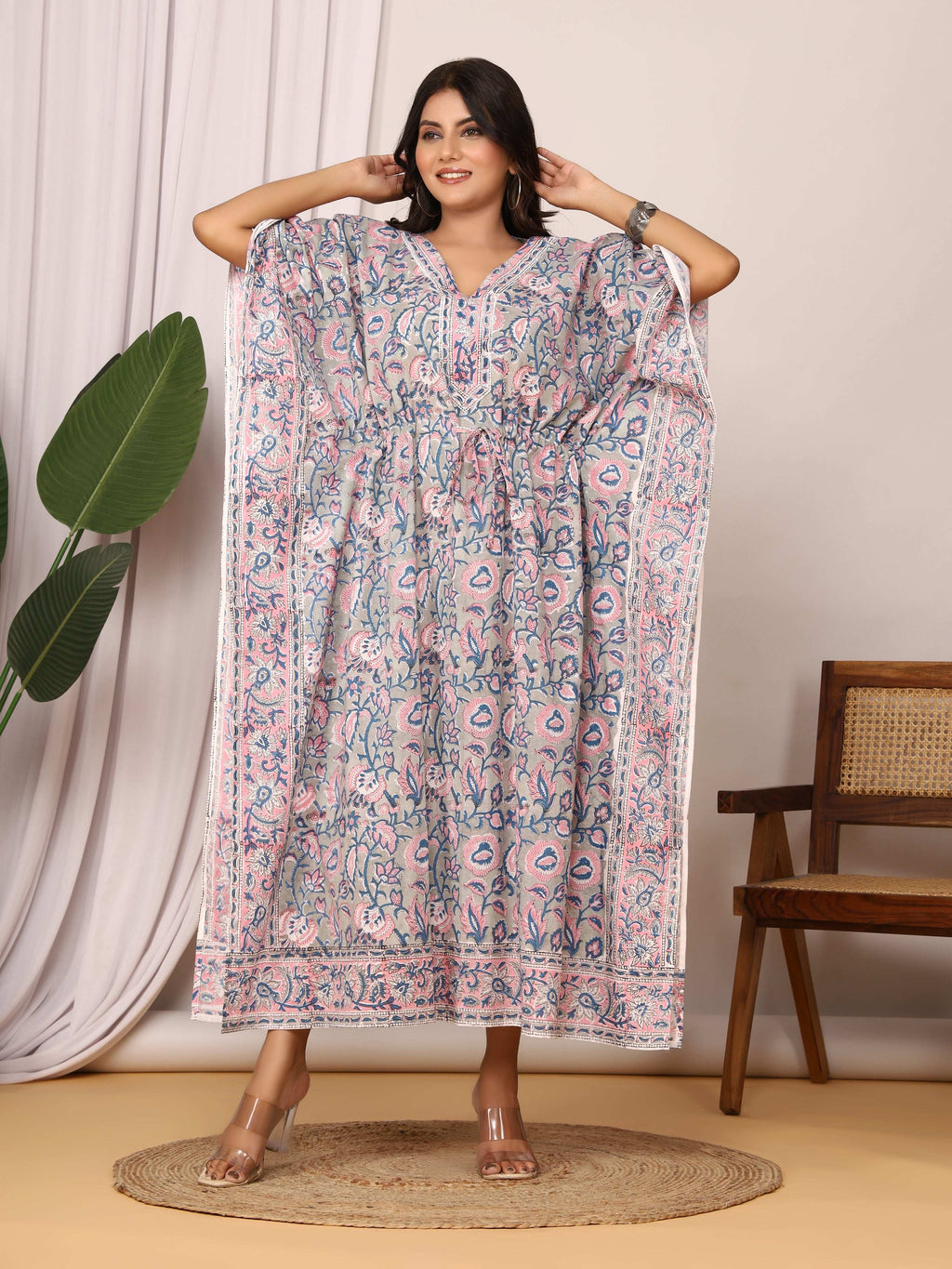 Sanganeri Print Grey & Pink Cotton Kaftan