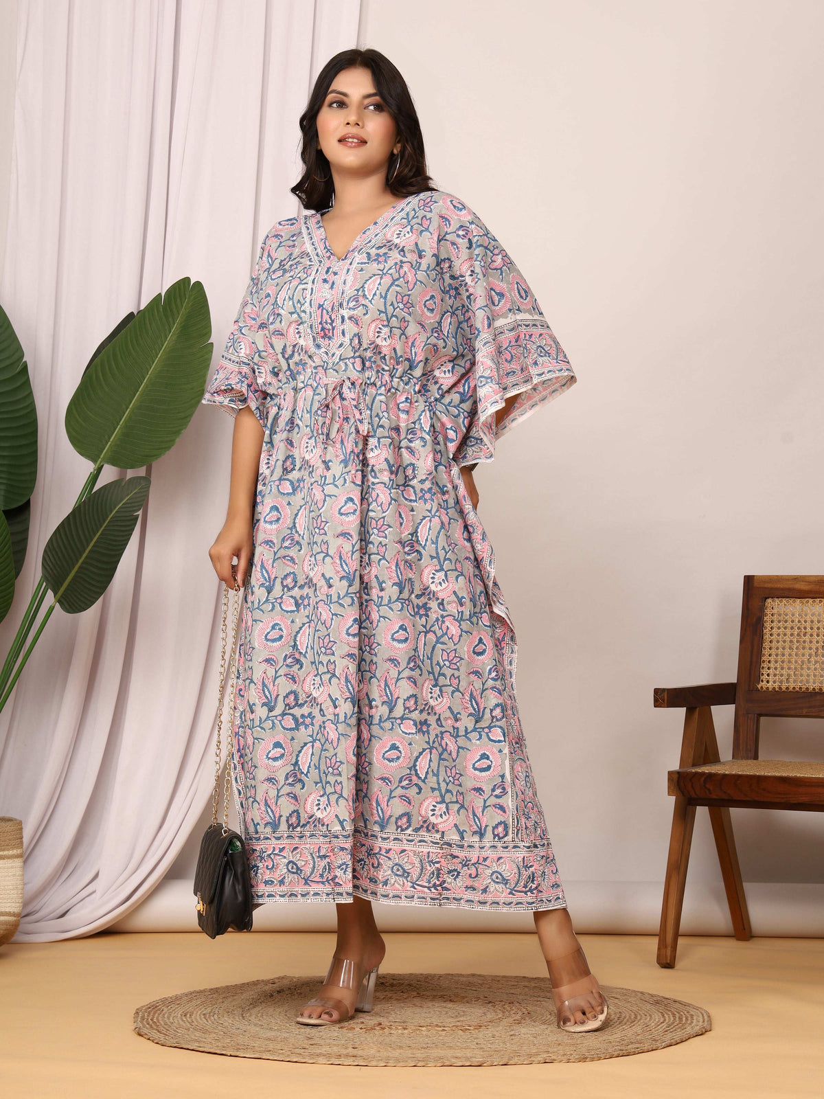 Sanganeri Print Grey & Pink Cotton Kaftan