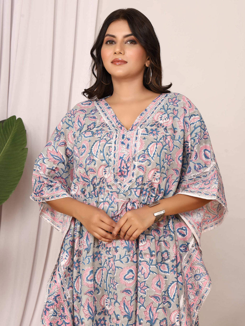Sanganeri Print Grey & Pink Cotton Kaftan