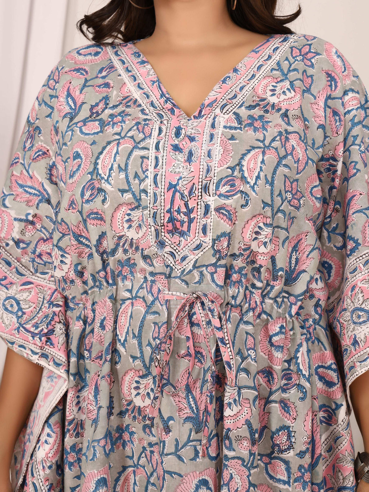 Sanganeri Print Grey & Pink Cotton Kaftan