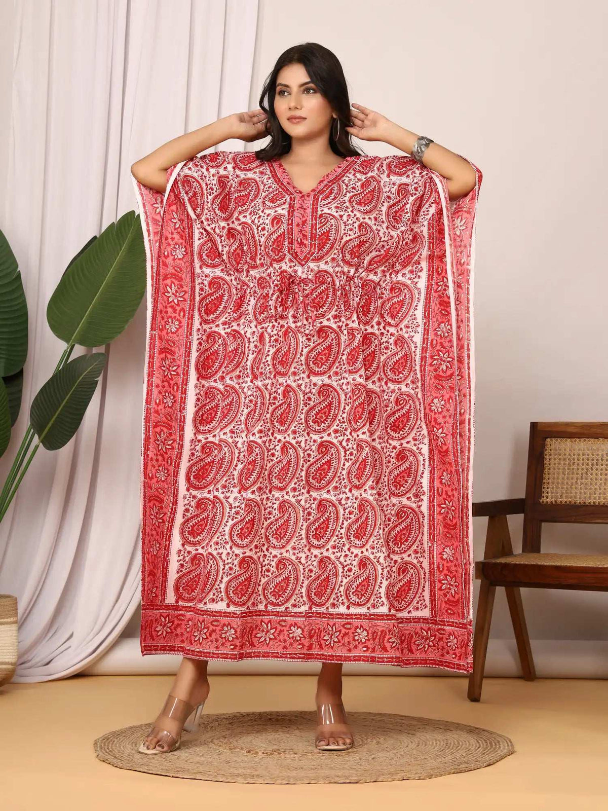 Sanganeri Paisley Print Red & White Cotton Kaftan