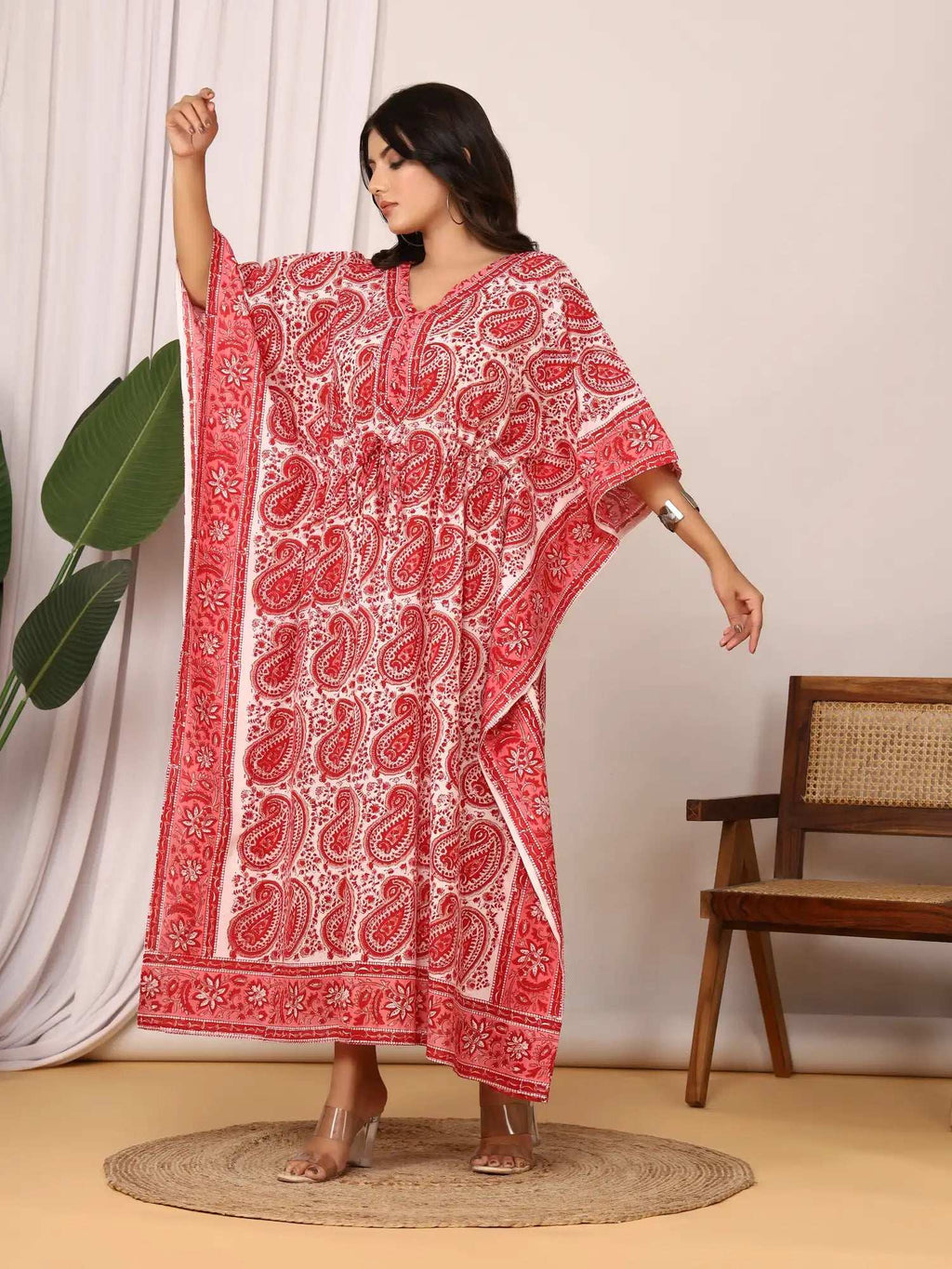 Sanganeri Paisley Print Red & White Cotton Kaftan