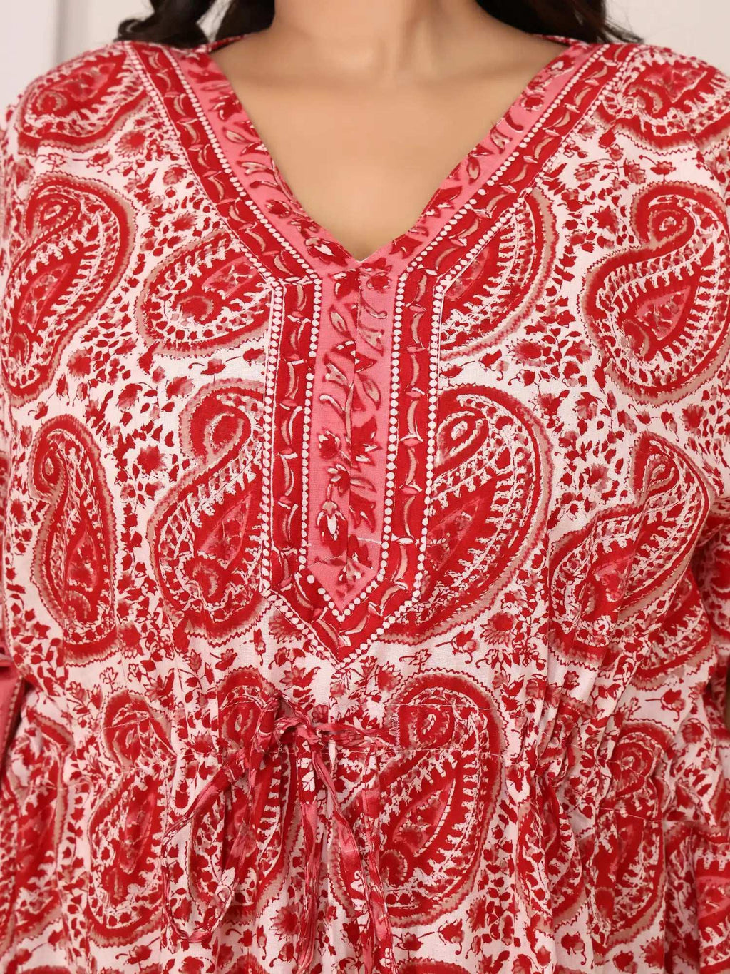 Sanganeri Paisley Print Red & White Cotton Kaftan