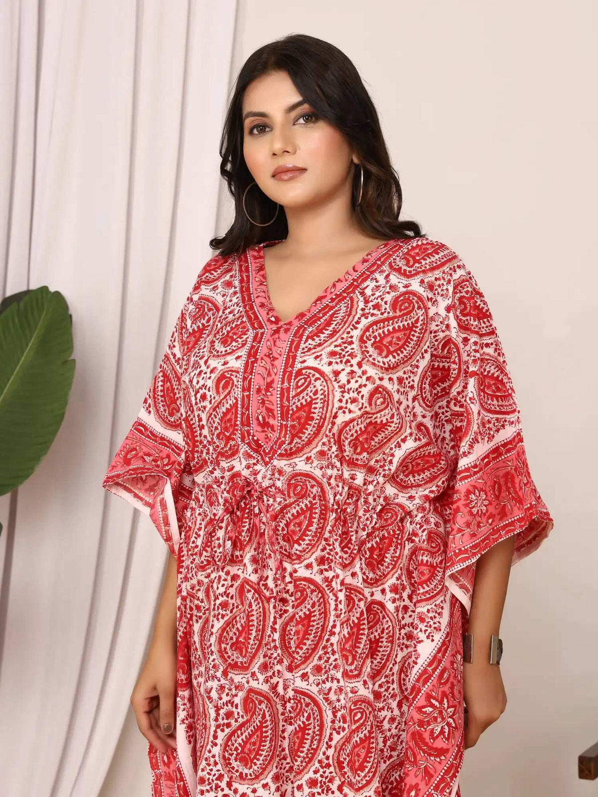 Sanganeri Paisley Print Red & White Cotton Kaftan