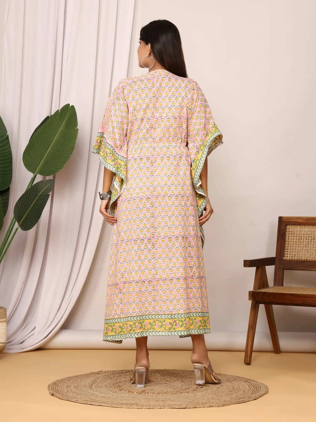 Sanganeri Floral Print Pink & Yellow Cotton Kaftan