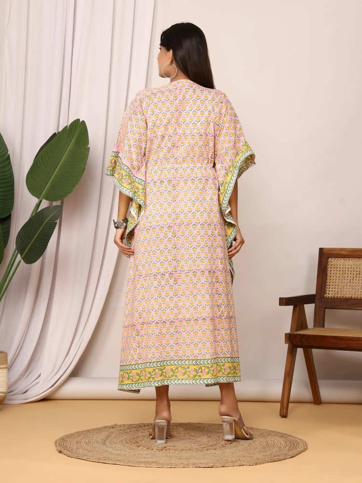 Sanganeri Floral Print Pink & Yellow Cotton Kaftan