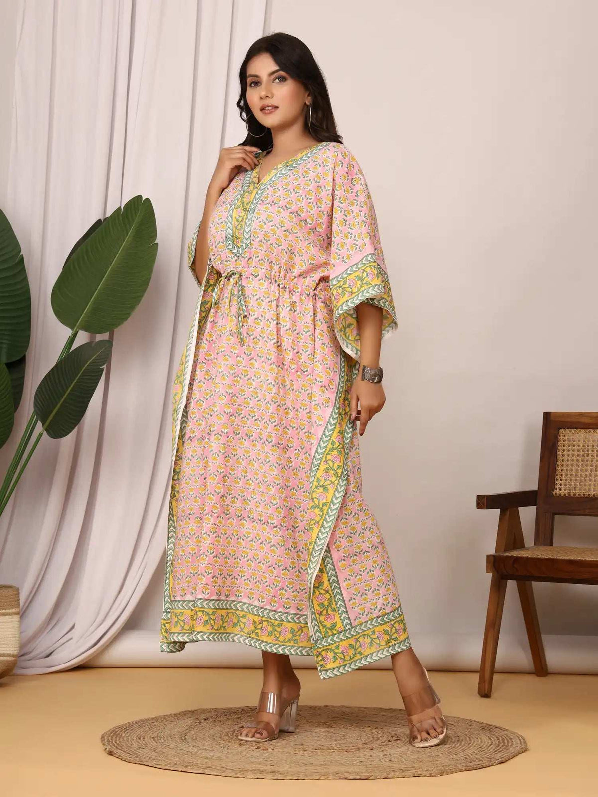 Sanganeri Floral Print Pink & Yellow Cotton Kaftan