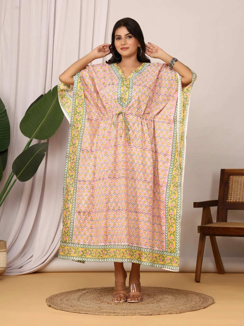Sanganeri Floral Print Pink & Yellow Cotton Kaftan