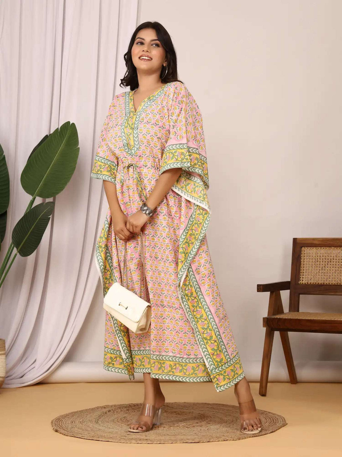 Sanganeri Floral Print Pink & Yellow Cotton Kaftan
