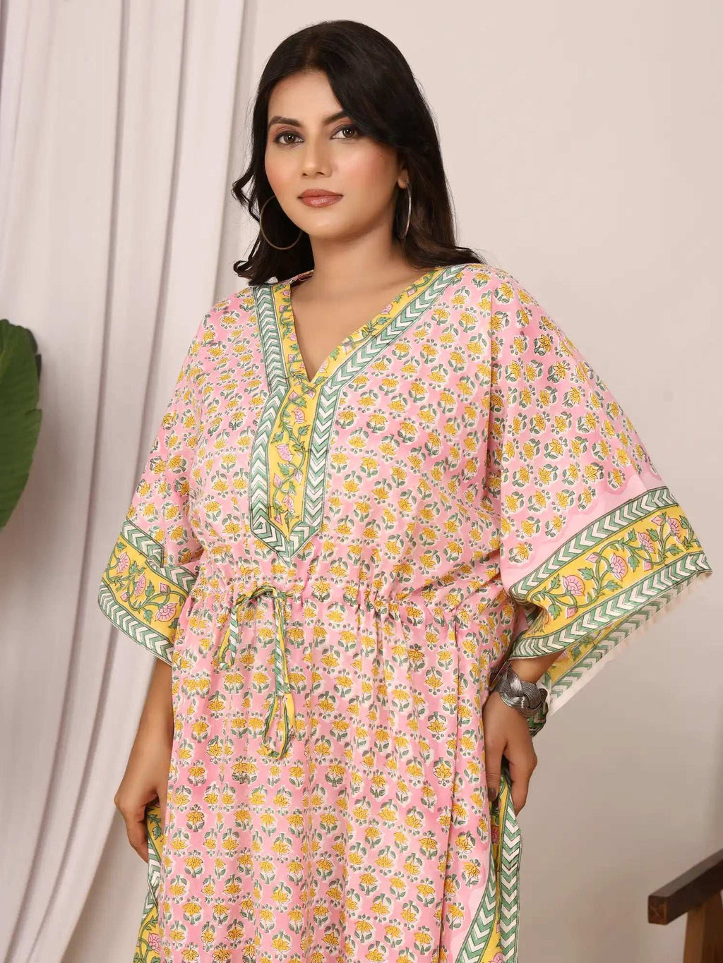 Sanganeri Floral Print Pink & Yellow Cotton Kaftan