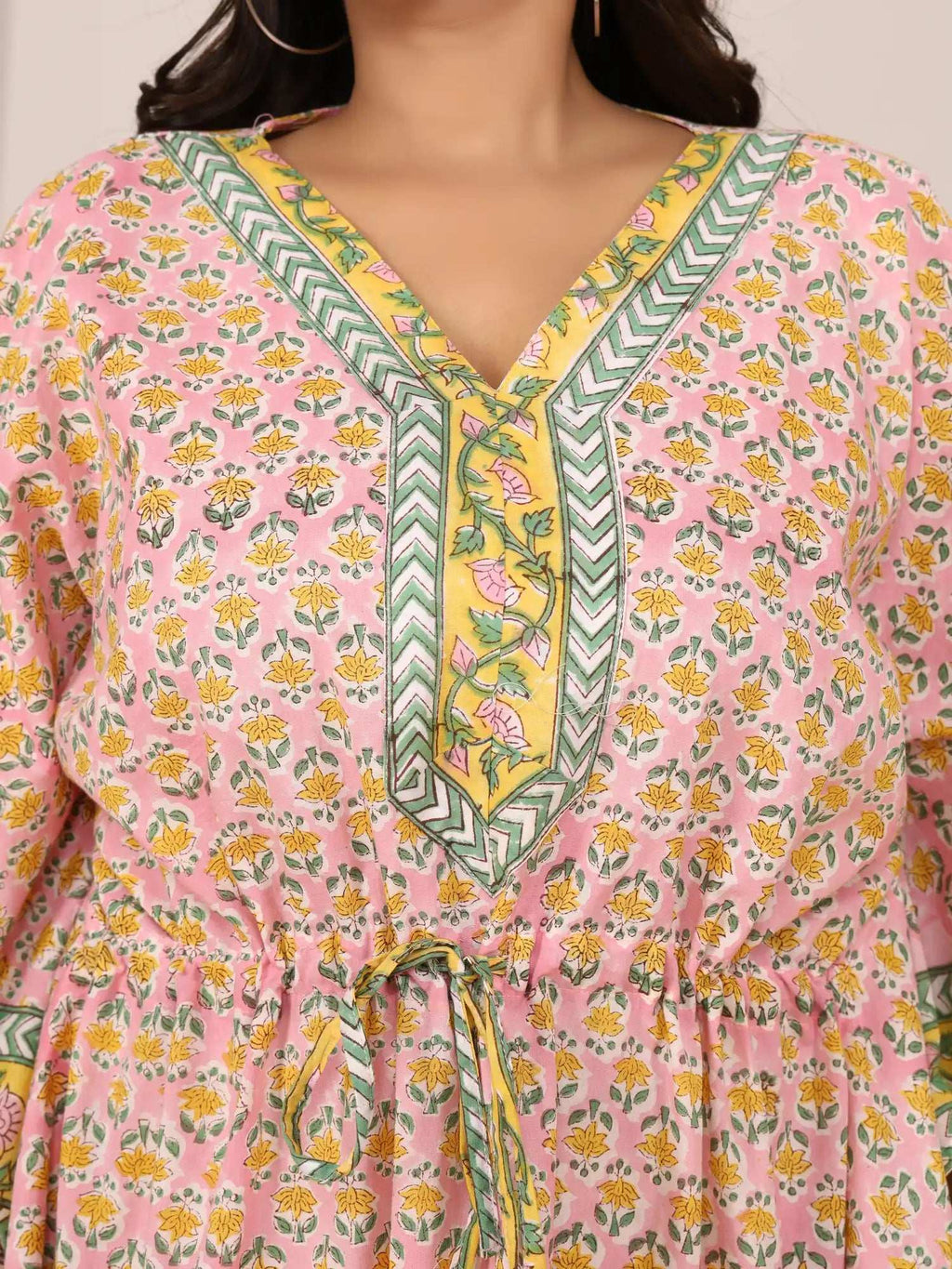 Sanganeri Floral Print Pink & Yellow Cotton Kaftan