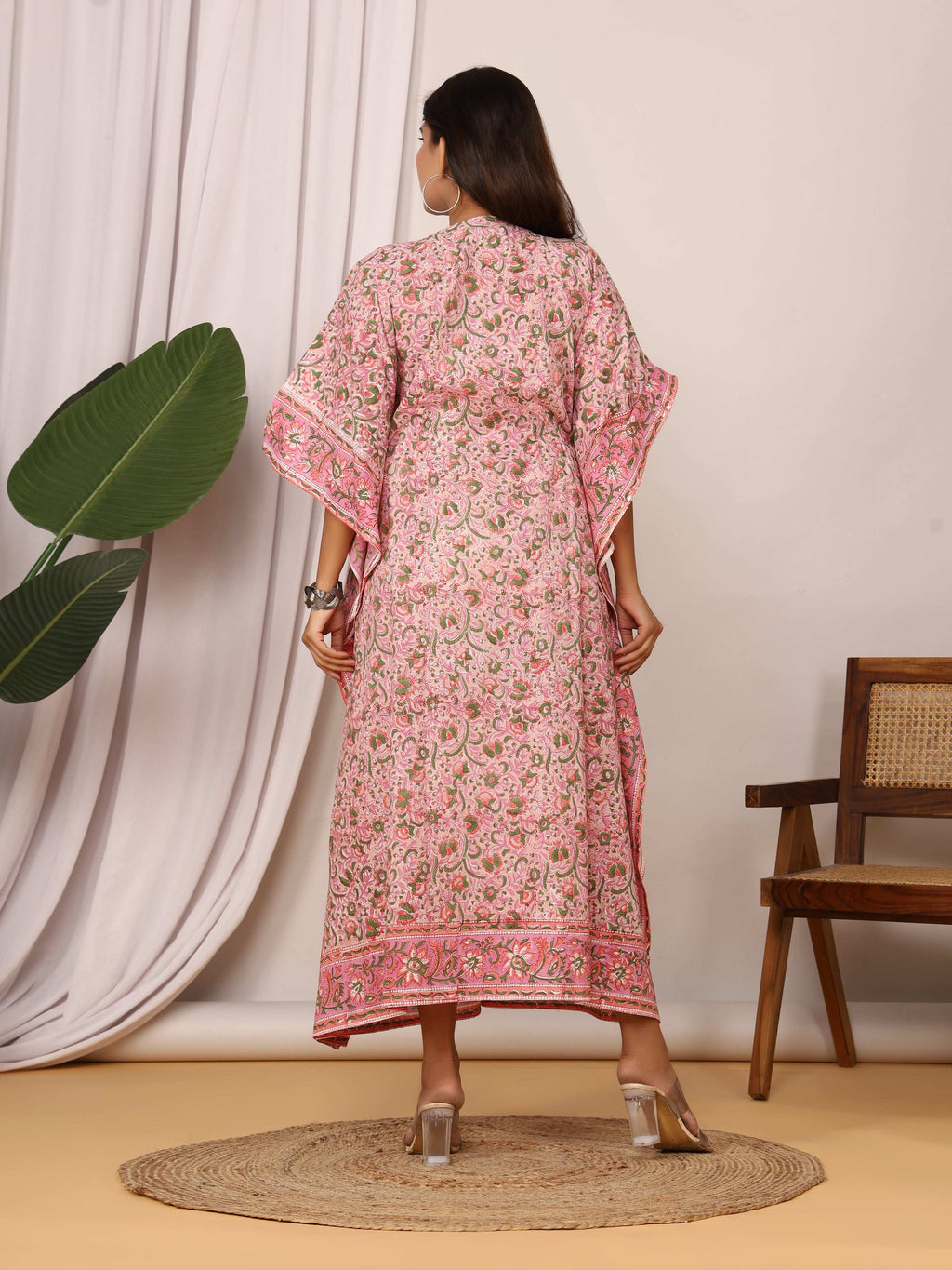 Sanganeri Floral Print Pink & Green Cotton Kaftan