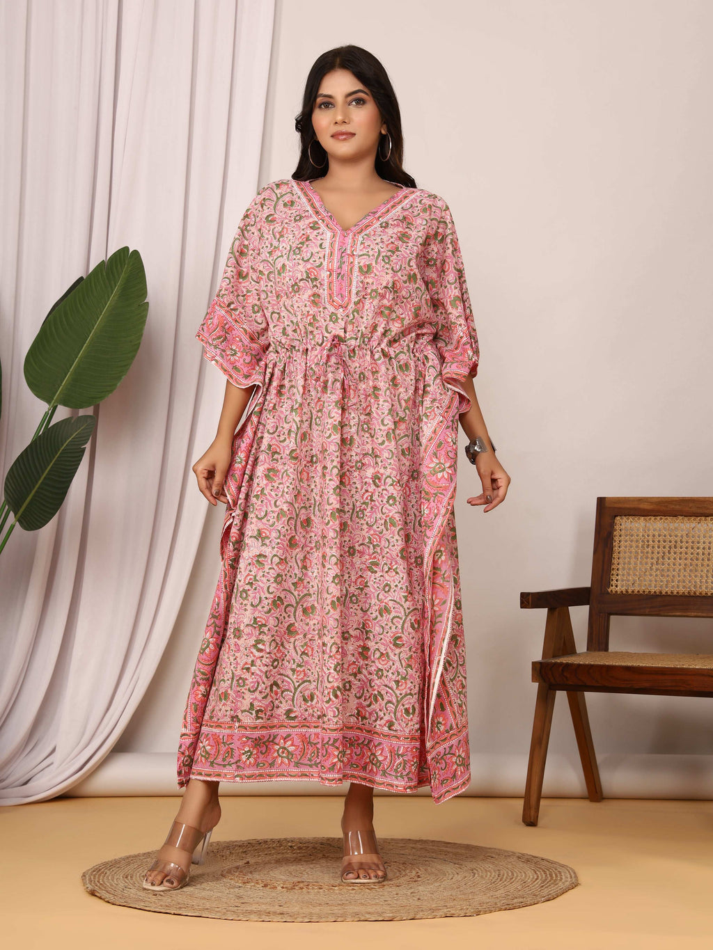 Sanganeri Floral Print Pink & Green Cotton Kaftan