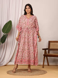 Sanganeri Floral Print Pink & Green Cotton Kaftan