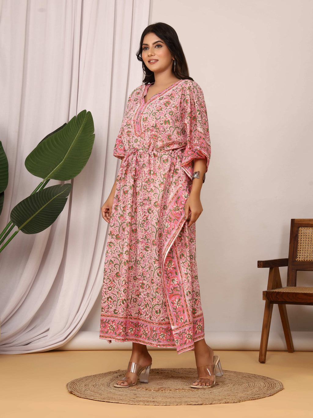 Sanganeri Floral Print Pink & Green Cotton Kaftan
