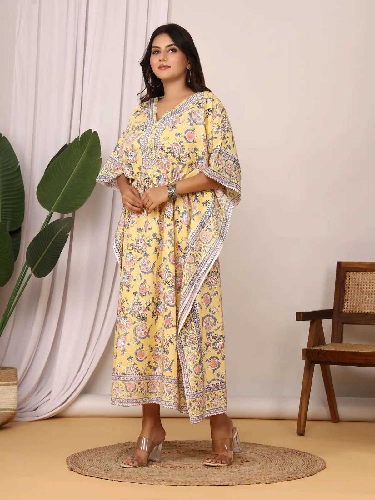 Sanganeri Floral Print Yellow & Peach Cotton Kaftan