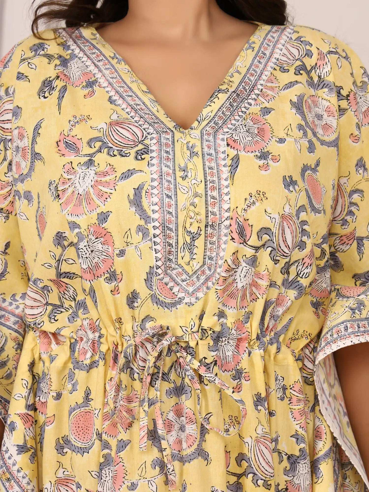 Sanganeri Floral Print Yellow & Peach Cotton Kaftan