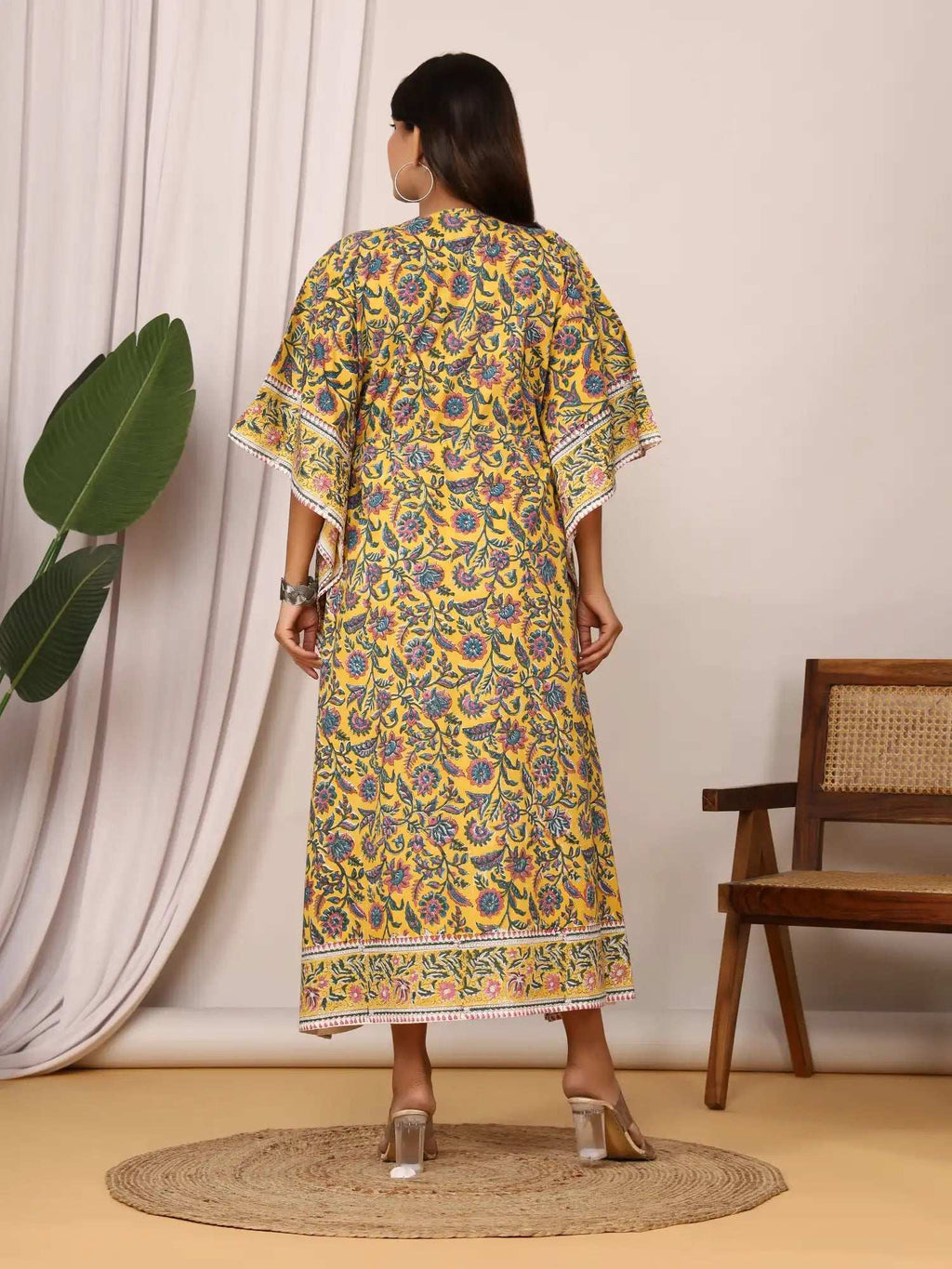 Sanganeri Floral Print Mustard Cotton Kaftan