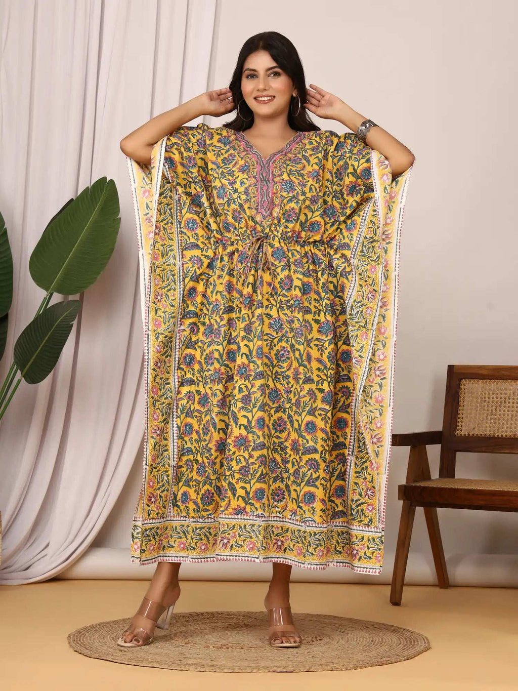 Sanganeri Floral Print Mustard Cotton Kaftan