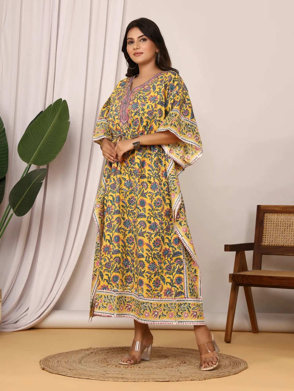 Sanganeri Floral Print Mustard Cotton Kaftan