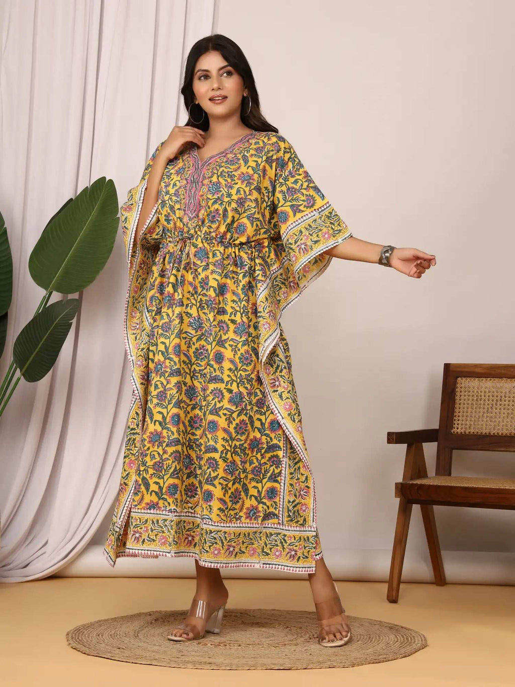 Sanganeri Floral Print Mustard Cotton Kaftan