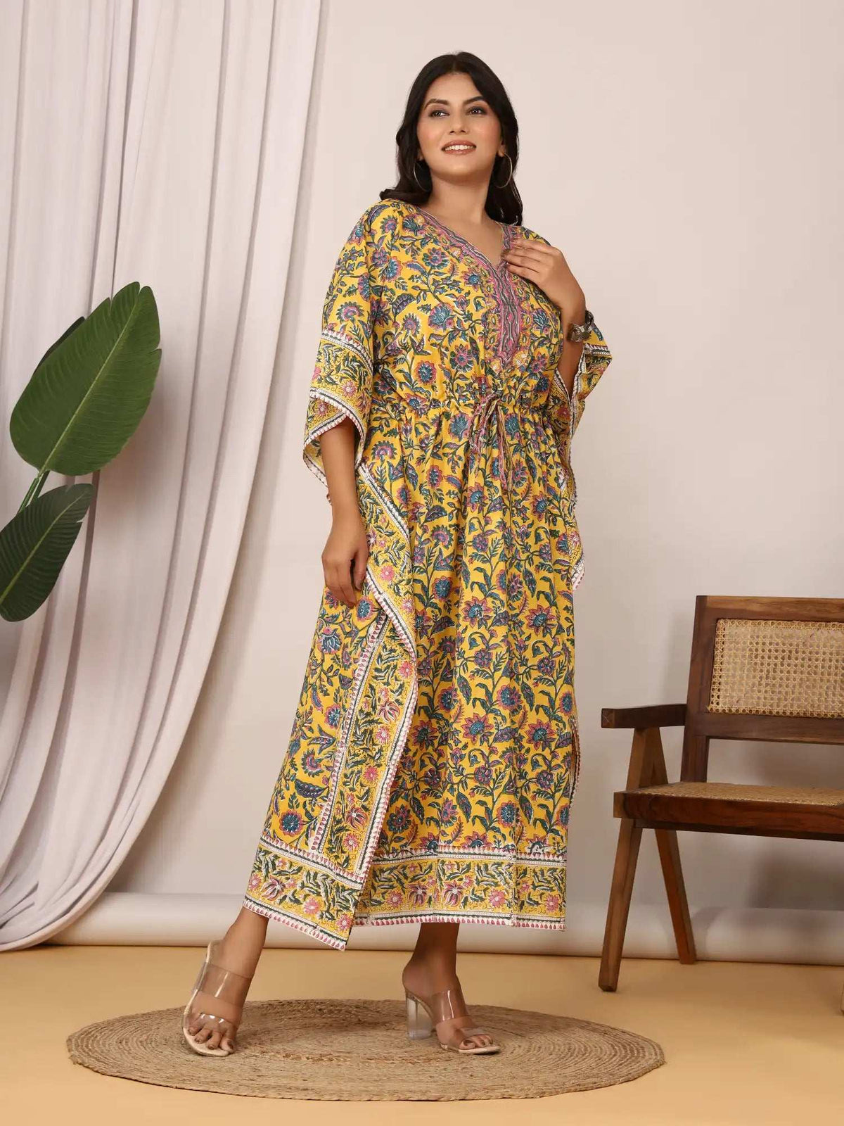 Sanganeri Floral Print Mustard Cotton Kaftan