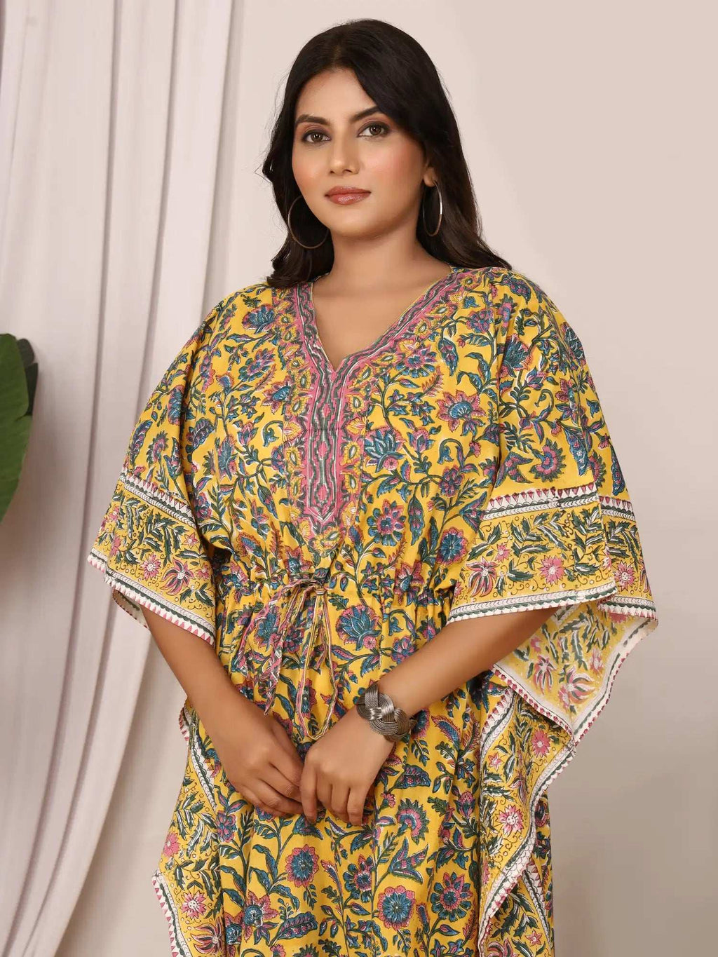 Sanganeri Floral Print Mustard Cotton Kaftan