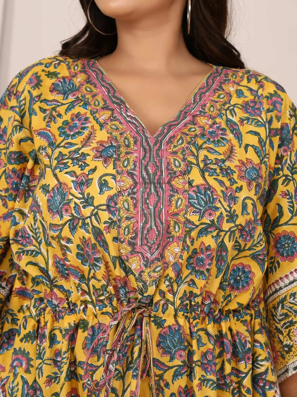Sanganeri Floral Print Mustard Cotton Kaftan