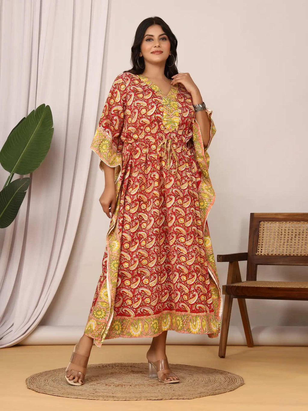 Sanganeri Paisley Print Red & Yellow Cotton Kaftan