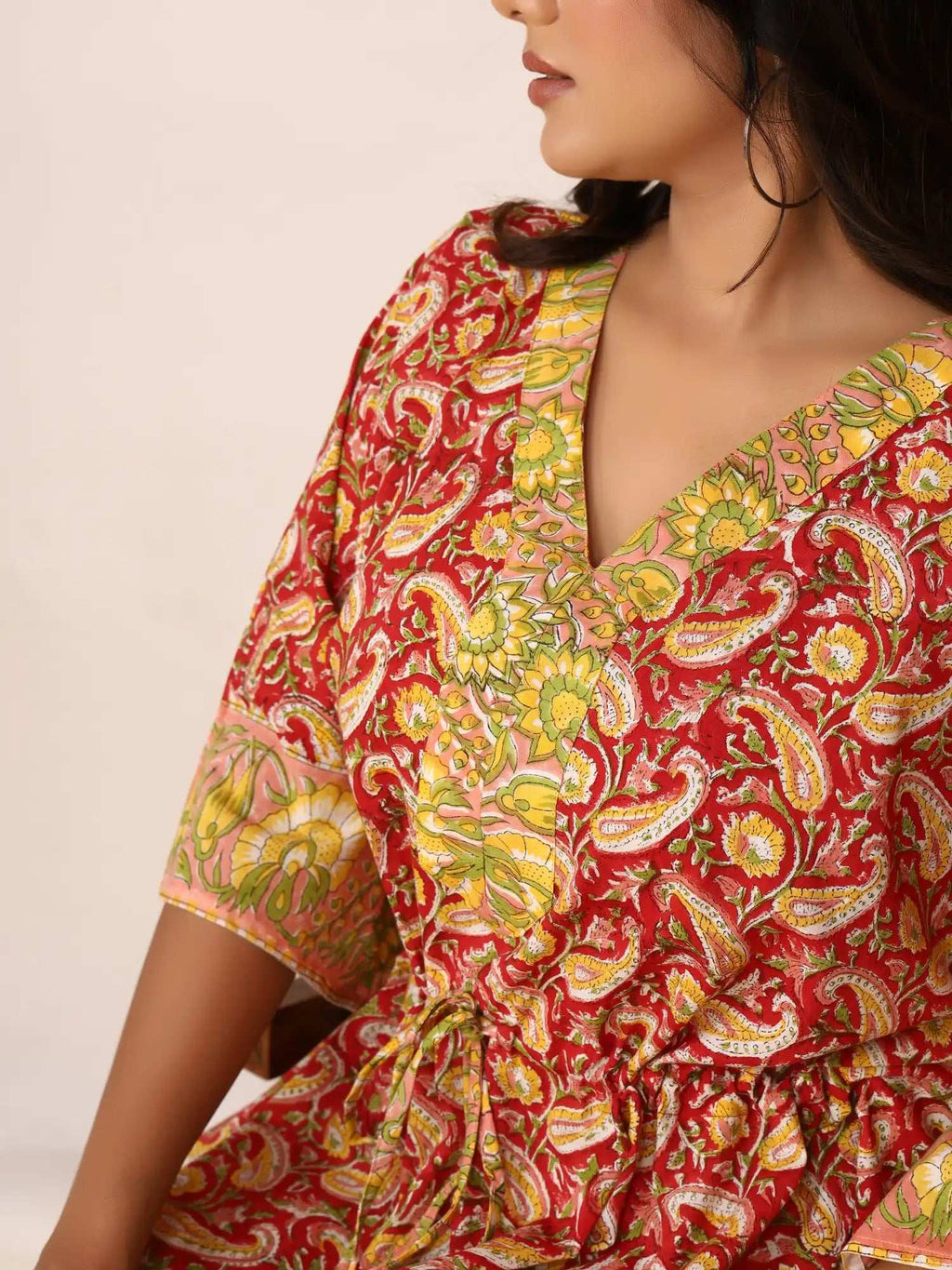 Sanganeri Paisley Print Red & Yellow Cotton Kaftan
