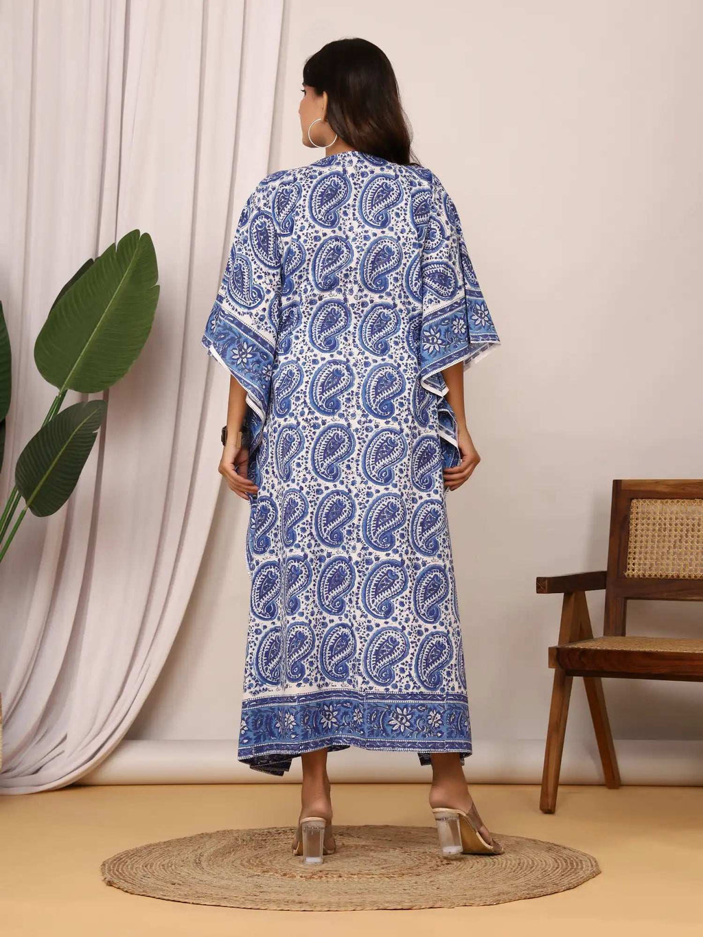 Sanganeri Paisley Print Blue & White Cotton Kaftan
