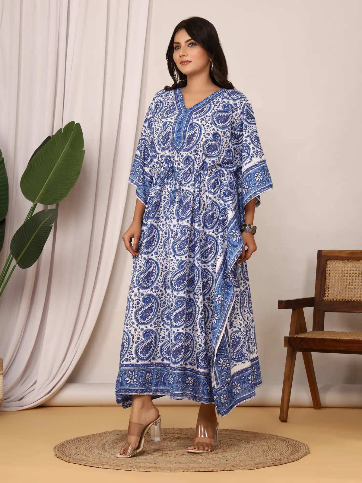 Sanganeri Paisley Print Blue & White Cotton Kaftan