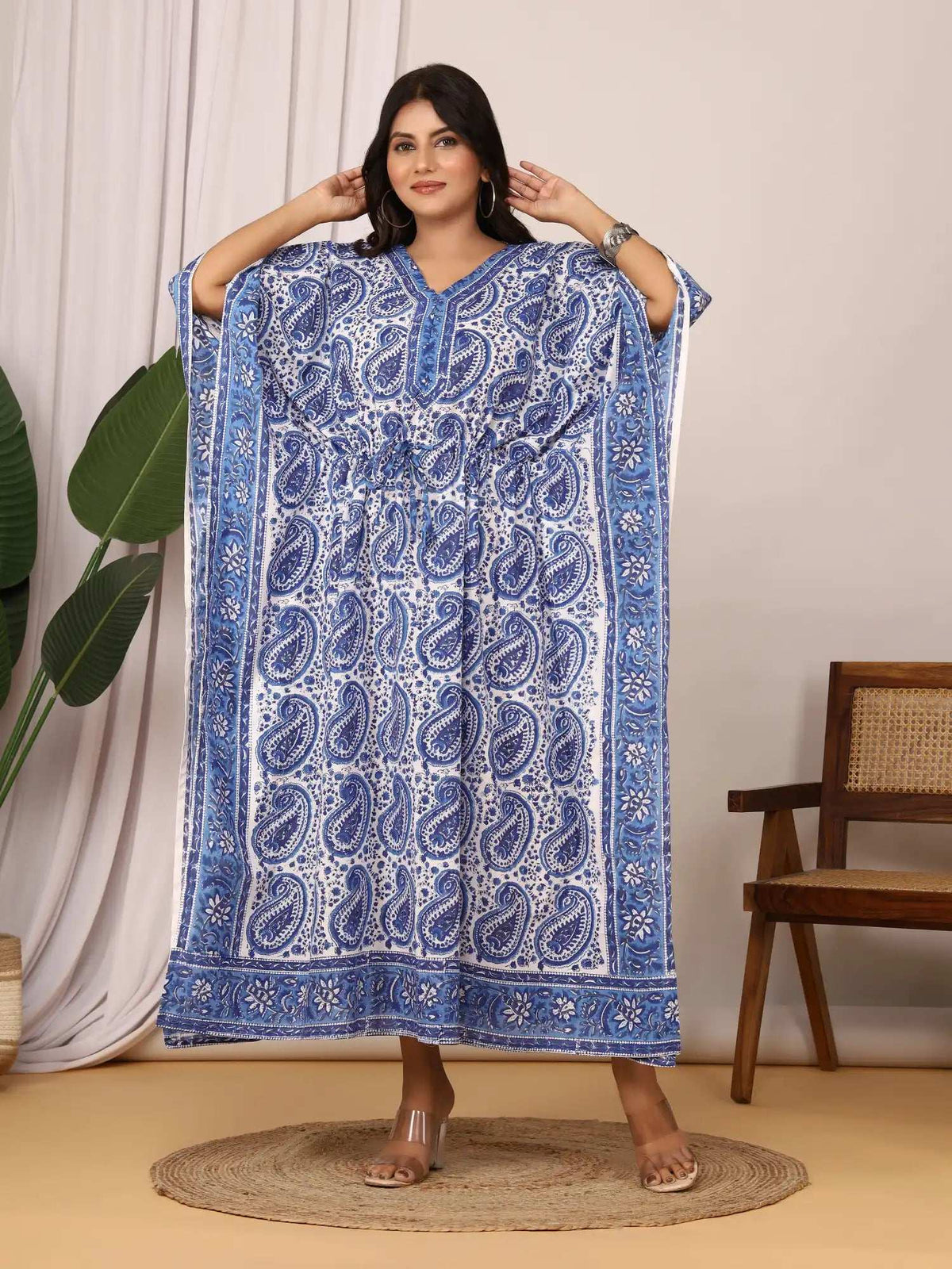 Sanganeri Paisley Print Blue & White Cotton Kaftan