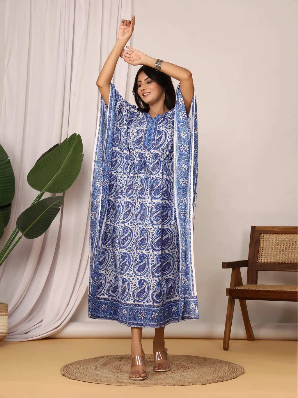 Sanganeri Paisley Print Blue & White Cotton Kaftan