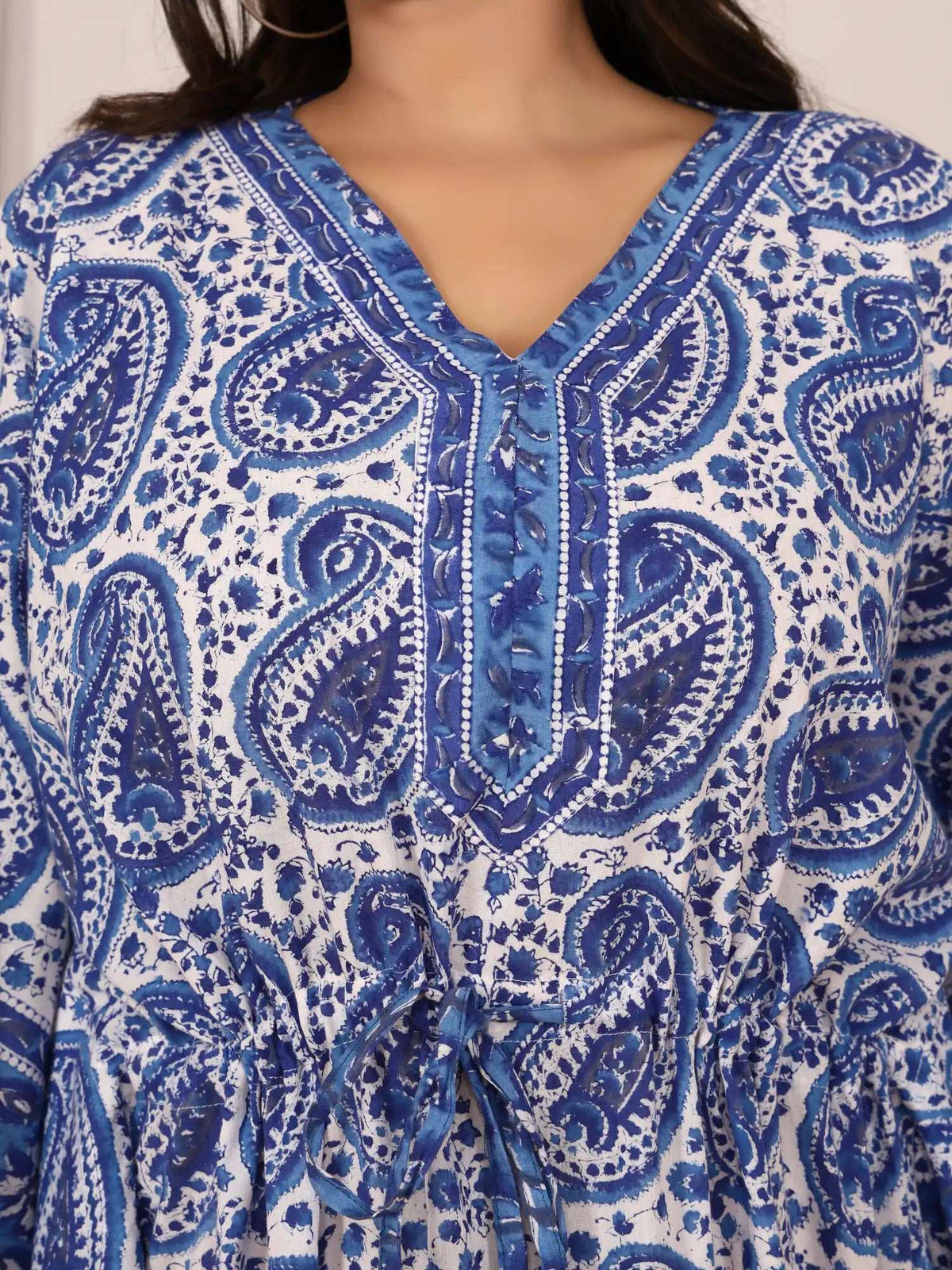 Sanganeri Paisley Print Blue & White Cotton Kaftan