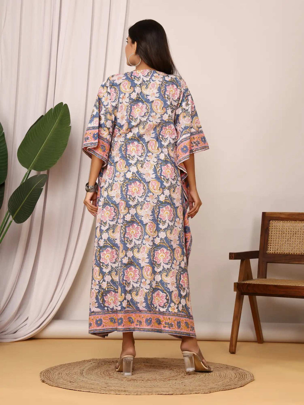 Sanganeri Paisley Print Blue & Pink Cotton Kaftan