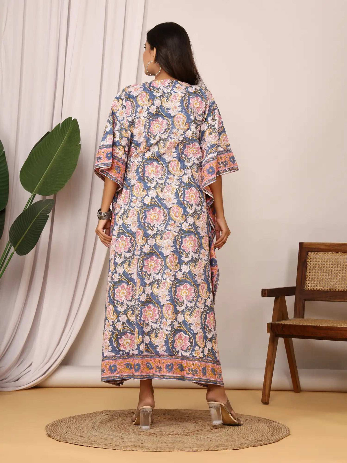 Sanganeri Paisley Print Blue & Pink Cotton Kaftan