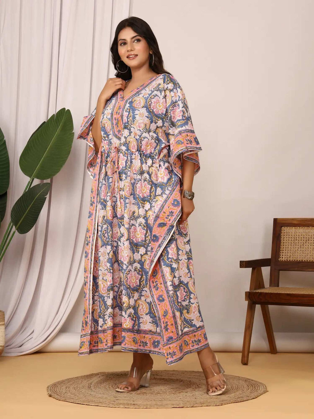 Sanganeri Paisley Print Blue & Pink Cotton Kaftan