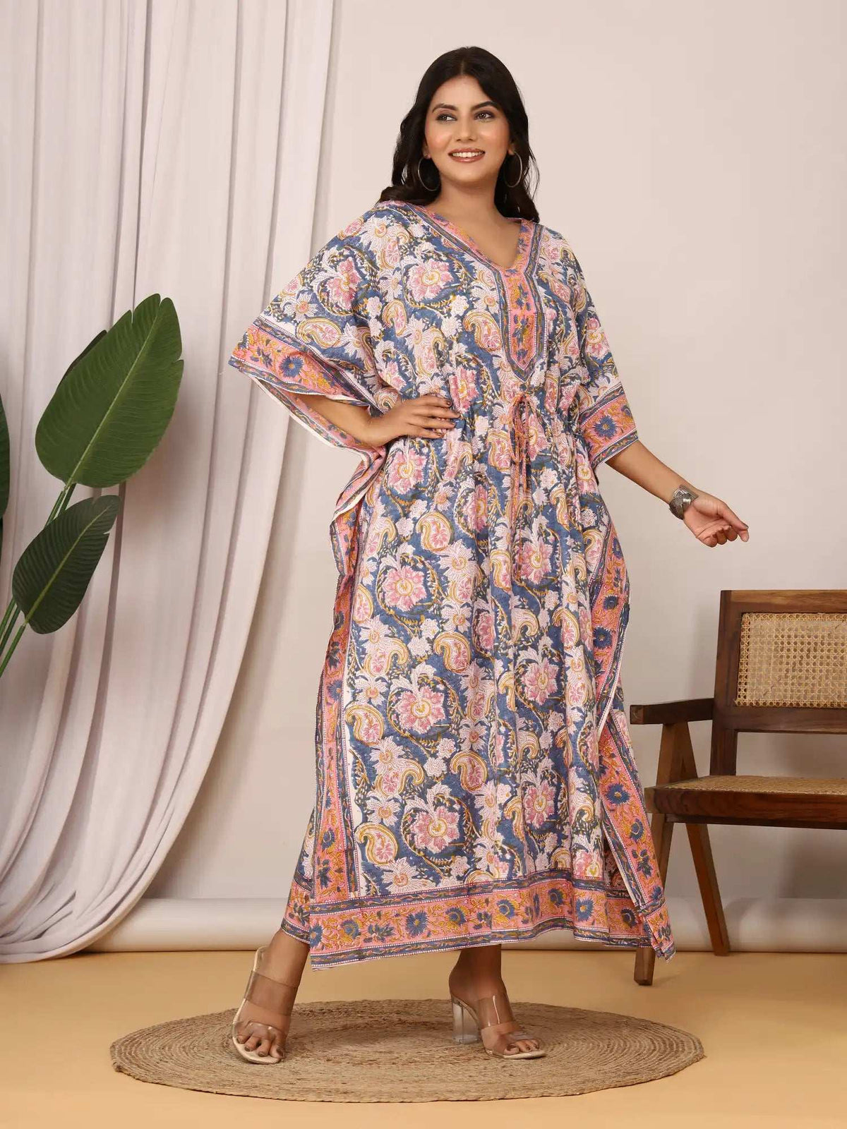 Sanganeri Paisley Print Blue & Pink Cotton Kaftan