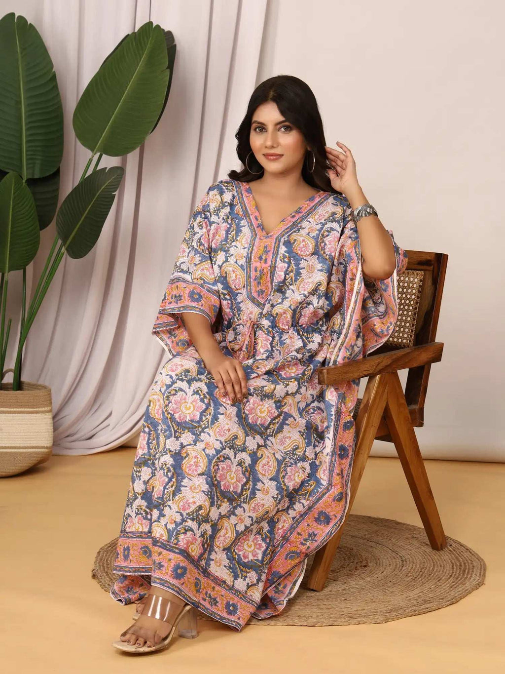 Sanganeri Paisley Print Blue & Pink Cotton Kaftan