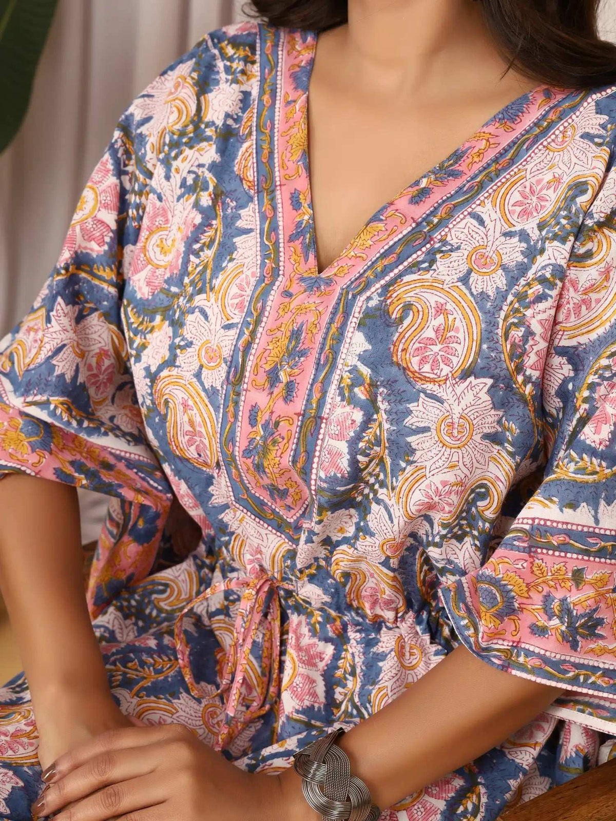 Sanganeri Paisley Print Blue & Pink Cotton Kaftan
