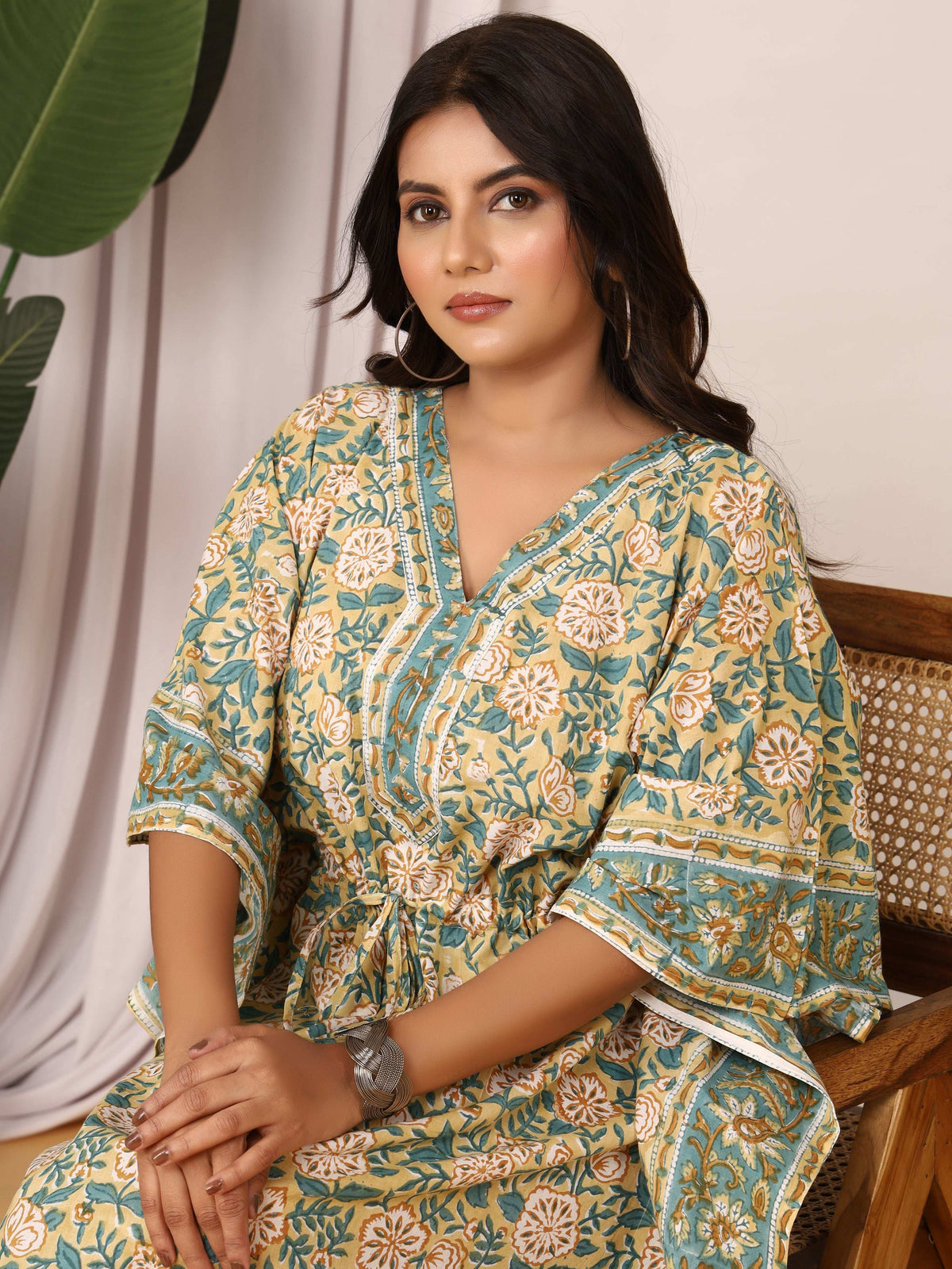 Sanganeri Floral Print Beige & Green Cotton Kaftan