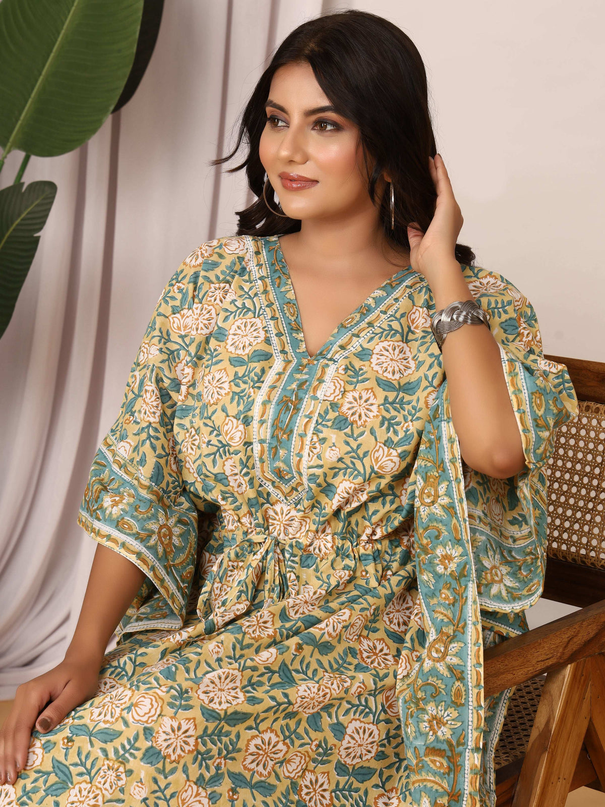 Sanganeri Floral Print Beige & Green Cotton Kaftan