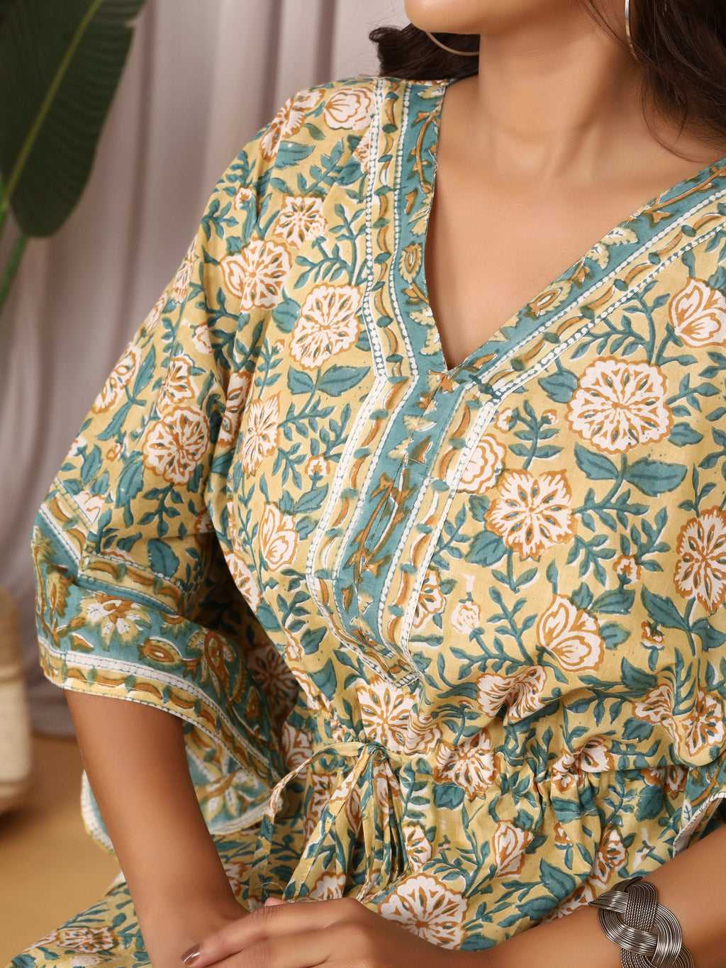 Sanganeri Floral Print Beige & Green Cotton Kaftan