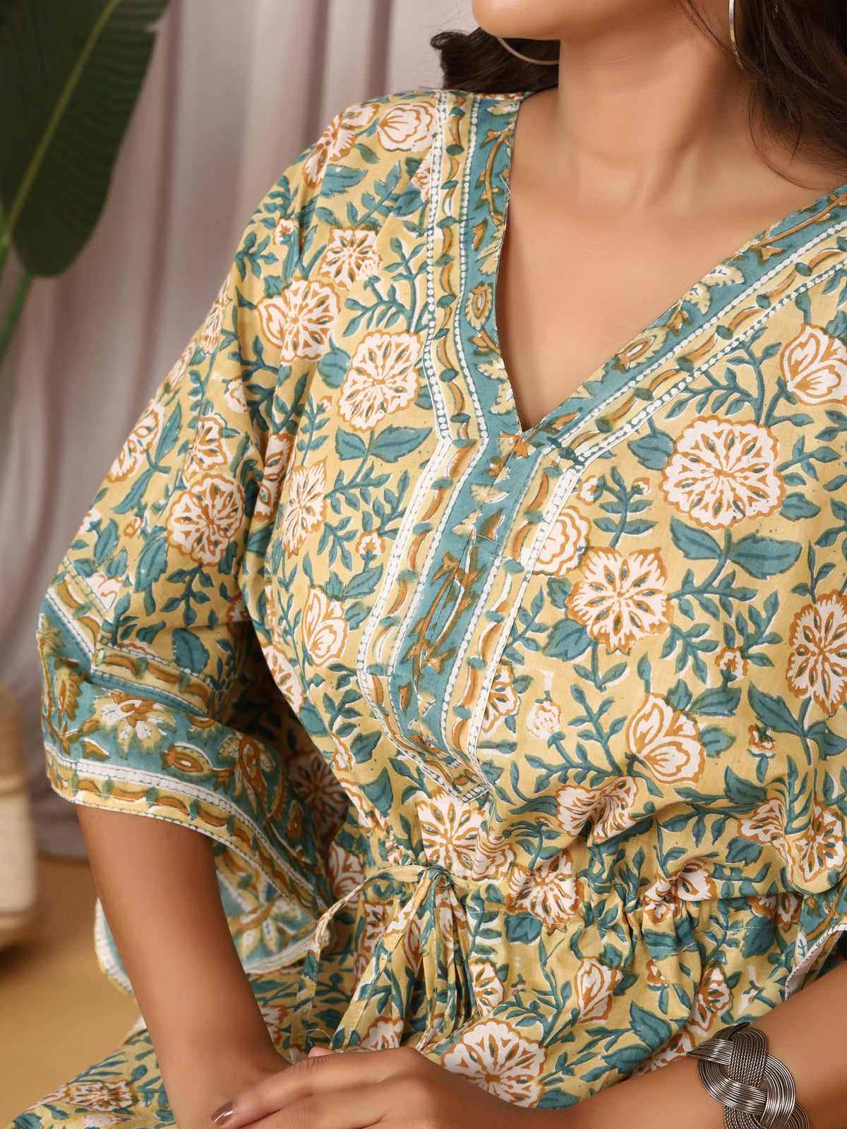 Sanganeri Floral Print Beige & Green Cotton Kaftan